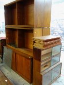 SIX MODERN TEAK DISPLAY CABINETS with sliding glass doors, and an oak stacking bookcase (7)