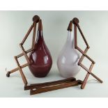 LARGE MID-CENTURY PAIR OF SCANDINAVIAN TEAK & GLASS SCISSOR WALL LIGHTS, colour-cased teardrop