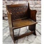 17TH CENTURY-STYLE CARVED OAK CHAIR, with boarded sides and carved panel back, 59cms wide