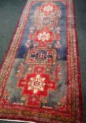 LARGE MODERN IRANIAN RUNNER, heavy pile wool, indigo field with stepped red floral and carpet