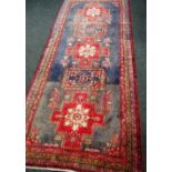 LARGE MODERN IRANIAN RUNNER, heavy pile wool, indigo field with stepped red floral and carpet