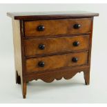 VICTORIAN MINIATURE WALNUT CHEST, fitted three long drawers over shaped apron, high bracket feet, 30