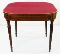 GEORGE III MAHOGANY ROSEWOOD CROSSBANDED & BOXWOOD STRUNG CARD TABLE, of D-form with double gate leg