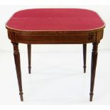 GEORGE III MAHOGANY ROSEWOOD CROSSBANDED & BOXWOOD STRUNG CARD TABLE, of D-form with double gate leg