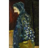 ERNEST ZOBOLE oil on board - figure, entitled verso 'Welsh Lady with Scarf', circa 1970s, signed, 35