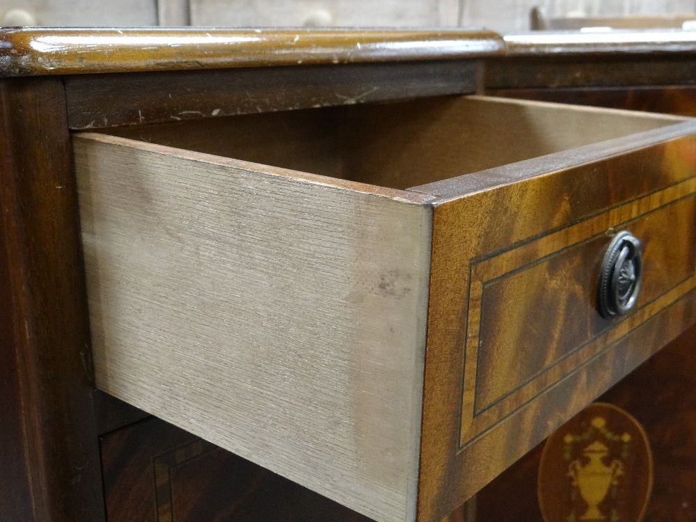 PAIR OF REPRODUCTION MAHOGANY MARQUETRY BEDSIDE TABLES, with satinwood crossbanded drawers and - Image 2 of 16