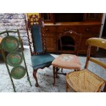 ASSORTED OCCASIONAL FURNITURE, comprising carved walnut hall chair, two side chairs and a green