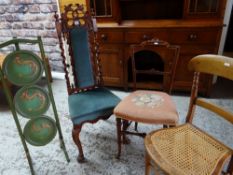 ASSORTED OCCASIONAL FURNITURE, comprising carved walnut hall chair, two side chairs and a green