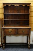 SMALL ANTIQUE OAK DRESSER, boarded rack above base fitted two frieze drawers, baluster legs and