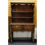 SMALL ANTIQUE OAK DRESSER, boarded rack above base fitted two frieze drawers, baluster legs and