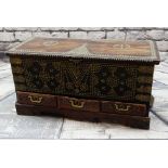 ZANZIBAR TEAK TRUNK, applied brass stud work, apron drawers, interior with candle box