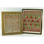 TWO VICTORIAN SAMPLERS, comprising a needlework sampler by Mary Brutnel, aged 7, dated 1839, 28 x