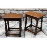PAIR OF 17TH CENTURY-STYLE JOINED OAK STOOLS, 45cms wide (2)