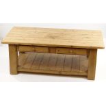 MODERN PINE COFFEE TABLE, fitted two frieze drawers, platform stretcher, 137 x 68cms