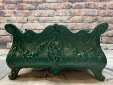 VICTORIAN-STYLE CAST IRON PLANTER, decorated with floral swags and song birds in oval cartouche,