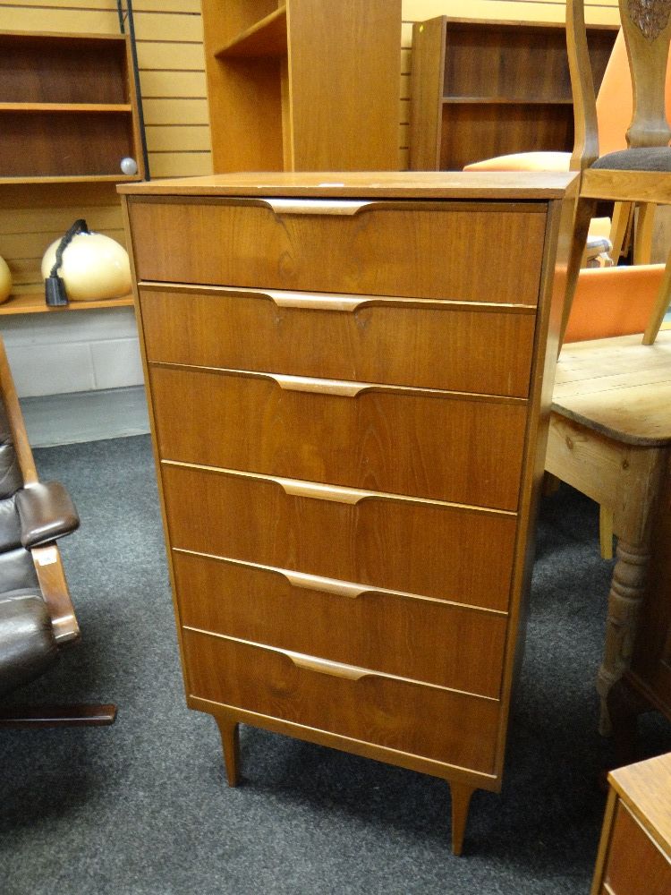 MID-CENTURY AUSTINSUITE TEAK TALL CHEST, fitted six drawers, gilt stamp inside, 64 x 43 x 122cms - Image 9 of 10