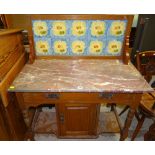 VICTORIAN WALNUT WASH STAND with later pottery tiled back and red veined marble top
