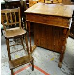 VINTAGE PITCH PINE TEACHER'S DESK & CHAIR, the tall desk with angled fall and shallow drop-flap