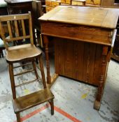 VINTAGE PITCH PINE TEACHER'S DESK & CHAIR, the tall desk with angled fall and shallow drop-flap