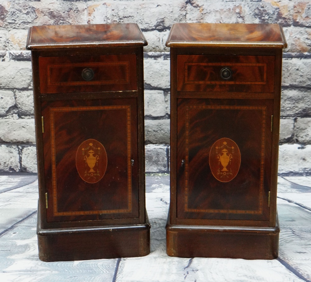 PAIR OF REPRODUCTION MAHOGANY MARQUETRY BEDSIDE TABLES, with satinwood crossbanded drawers and