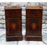 PAIR OF REPRODUCTION MAHOGANY MARQUETRY BEDSIDE TABLES, with satinwood crossbanded drawers and