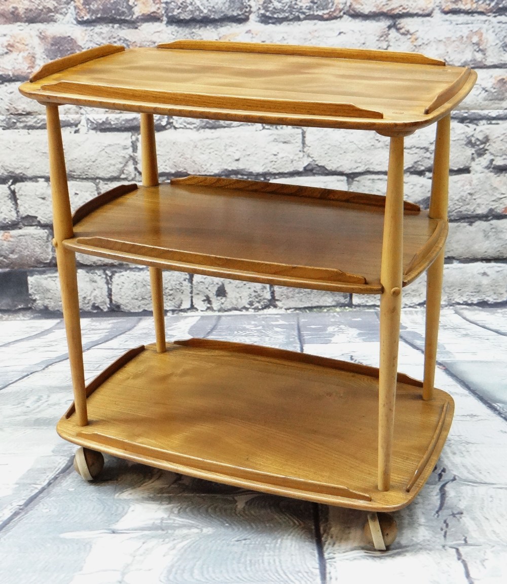 ERCOL: A PALE ELM THREE-TIER TEA TROLLEY, 71 x 46 x 77cms