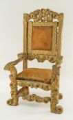 ANTIQUE 17TH CENTURY-STYLE GILTWOOD MINIATURE OPEN ARMCHAIR, with pierced cresting rail, upholstered