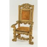 ANTIQUE 17TH CENTURY-STYLE GILTWOOD MINIATURE OPEN ARMCHAIR, with pierced cresting rail, upholstered