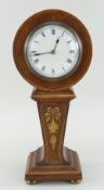 EDWARDIAN MARQUETRY MANTEL TIMEPIECE, of balloon shape, white enamel roman dial, drum case on