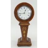 EDWARDIAN MARQUETRY MANTEL TIMEPIECE, of balloon shape, white enamel roman dial, drum case on