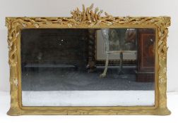 19TH CENTURY GILT GESSO OVERMANTEL MIRROR, with twisted branch moulded frame and cresting, 106cms