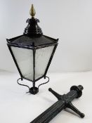 VICTORIAN CAST IRON STREET LAMP, large tapering square lantern on four scrolled supports on fluted