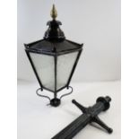 VICTORIAN CAST IRON STREET LAMP, large tapering square lantern on four scrolled supports on fluted