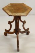 VICTORIAN WALNUT TRIPOD TABLE, hexagonal inlaid top on triple cluster column support with bowed