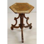 VICTORIAN WALNUT TRIPOD TABLE, hexagonal inlaid top on triple cluster column support with bowed