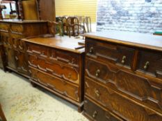 MODERN JACOBEAN-STYLE OAK FURNITURE comprising small geometric carved trunk, similar side cabinet,