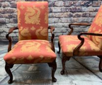 PAIR OF GEORGIAN-STYLE MAHOGANY ARMCHAIRS, square dragon-upholstered backs and stuffover seats,