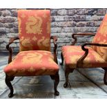 PAIR OF GEORGIAN-STYLE MAHOGANY ARMCHAIRS, square dragon-upholstered backs and stuffover seats,