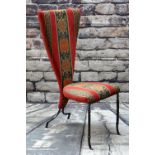 MODERN CAST IRON HALL CHAIR, with red striped upholstery