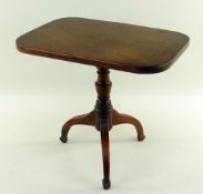 VICTORIAN MINIATURE MAHOGANY TRIPOD TABLE, rounded rectangular tilt-action top on baluster column