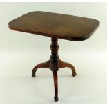 VICTORIAN MINIATURE MAHOGANY TRIPOD TABLE, rounded rectangular tilt-action top on baluster column