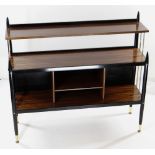 MID-CENTURY MAHOGANY & PART EBONISED BOOKCASE with gilt metal rod sides and feet, 106 x 32 x 96cms
