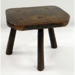 19TH CENTURY ASH & ELM 'COPPY' OR MILKING STOOL, chamfered elm seat on three turned ash legs, 34 x