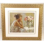 JOSE ROYO limited edition (AP39/50) serigraph - Pensitiva, a girl by a table with flowers, signed