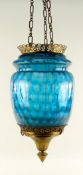 AESTHETIC-STYLE HALL LANTERN, dimpled turquoise glass, with pierced fretwork collar and base, triple