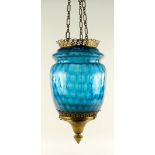 AESTHETIC-STYLE HALL LANTERN, dimpled turquoise glass, with pierced fretwork collar and base, triple