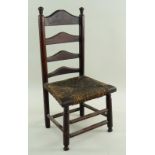 19TH CENTURY MINIATURE OAK LADDERBACK CHAIR, with woven rush seat, 32cms high