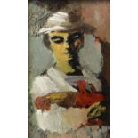 JOHN ELWYN oil on board - lady wearing bonnet while holding a cockerel, artist's studio stamp verso,