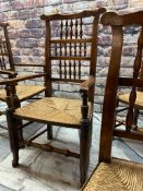 GOOD SET OF LANCASHIRE ELM & RUSH SEATED DINING CHAIRS, shaped rails above turned spindle splats,