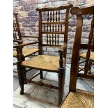 GOOD SET OF LANCASHIRE ELM & RUSH SEATED DINING CHAIRS, shaped rails above turned spindle splats,